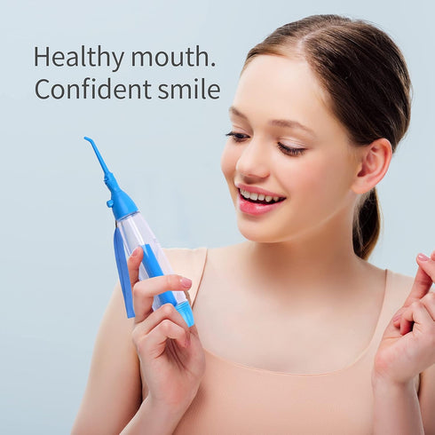 Portable Water Dental Flosser, Non-Electric Oral Irrigator, Cordless Manual Air Pressure for Home and Travel, Blue