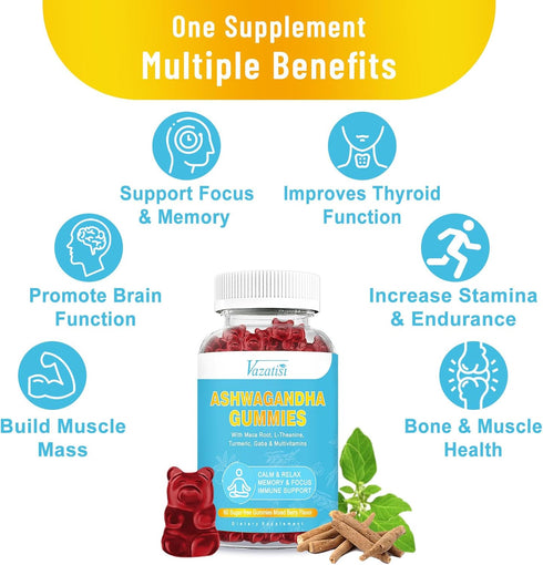 Sugar Free Ashwagandha Gummies 3000mg - 60 Ct with Maca Root, Turmeric, GABA for Mood, Energy & Immune Support, Mixed