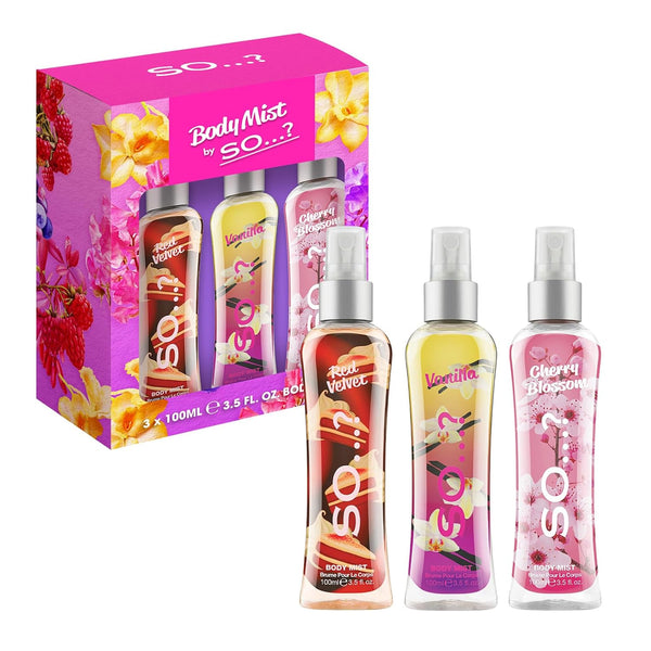 So…? Body Mist Set for Women, Vanilla, Red Velvet, Cherry Blossom, 3 pcs
