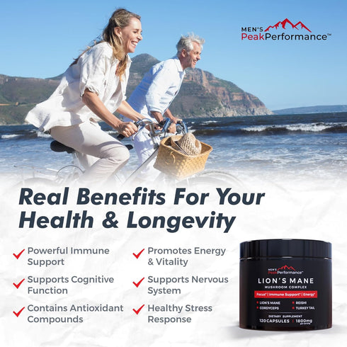 MEN'S PeakPerformance Mushroom Complex with Lions Mane, Reishi, Cordyceps, Turkey Tail, Nootropic Brain Supplement for