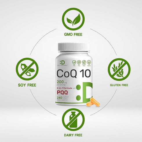 DEAL SUPPLEMENT CoQ10 200mg & PQQ 200mcg - 240 Veggie Capsules for Energy, Brain & Heart Health, Non-GMO