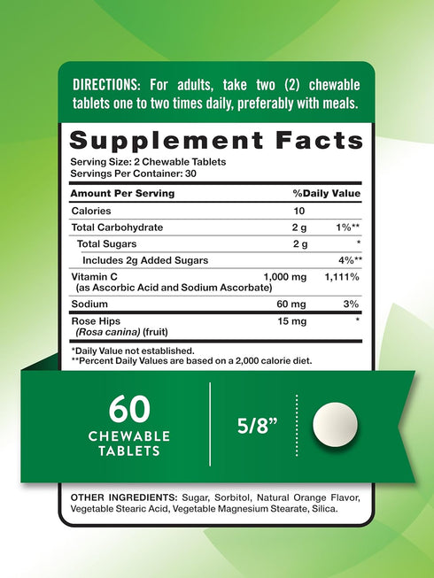 Nature's Truth Chewable Vitamin C with Rose Hips | 500 mg | 60 Tablets | Vegetarian, Non-GMO & Gluten Free Supplement.