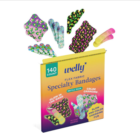 Pack 140 Count Welly Bandage Assorted Playtime Refill | Adhesive Flexible Fabric Bandages | Glow-in-The-Dark & Color