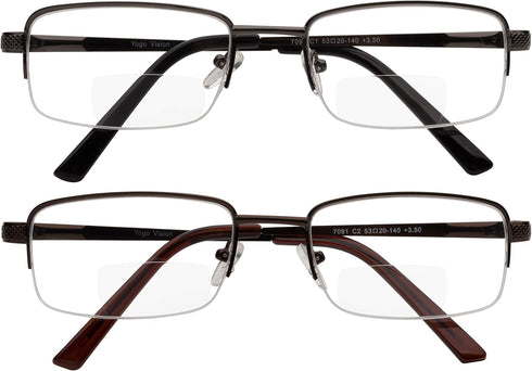 Yogo Vision Reading Glasses Set of 2 Bifocal Half Rim Metal Glasses for Reading, Gunmetal and Brown