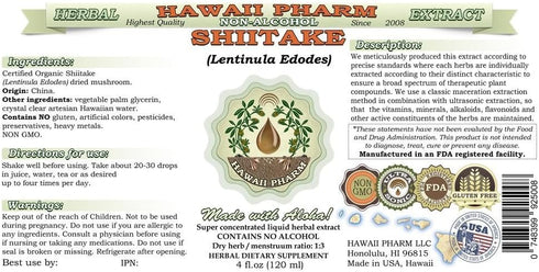Hawaii Pharm Shiitake Alcohol-FREE Liquid Extract, Organic Shiitake (Lentinula Edodes) Dried Mushroom Glycerite Natural Herbal Supplement, USA 2 fl.oz