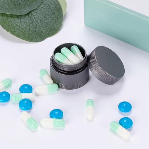 Small Pill Case, Metal Waterproof Pill Box, Round Aluminum Alloy Storage Organizer for Vitamins (Gray)