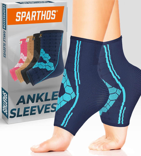 Sparthos Ankle Compression Socks (Pair) – Ankle Brace with Arch Support for Men and Women – Sports Foot Sleeves (Blue-S)