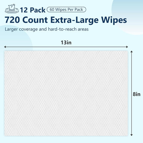 Snuvid 720 Count 8"x13" (12 Packs 60) Adult Wipes for Elderly - Extra Large Disposable Washcloths Rinse Free Bathing