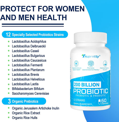 200 Billion CFU Probiotics - 12 Strains for Women & Men, Daily Supplement with 3 Prebiotics, 60 Capsules