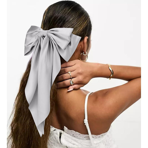 Velscrun Hair Bows for Women and Girls - 4Pcs White Silky, Navy Blue Satin, Grey Big Hair Bows
