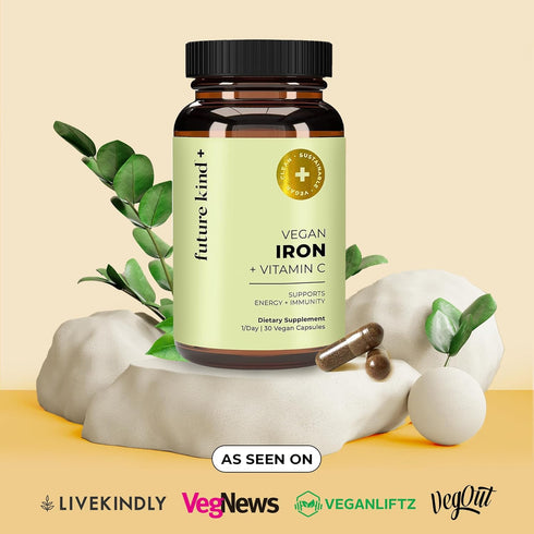 Future Kind Vegan Iron Supplement with Vitamin C, 30 Iron Capsules in Glass Bottle - Iron Supplements for Men and