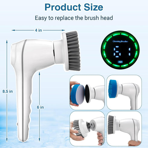 Electric Spin Scrubber, Cordless Shower Scrubber with Display, IPX7 Waterproof, 7 Replaceable Heads for Kitchen, Tub,