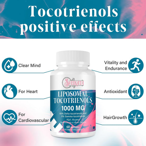 Liposomal Tocotrienols Supplement 1000mg, Vitamin E, 95% Delta-tocotrienols, 5% Gamma-tocotrienols, 60 Softgels for