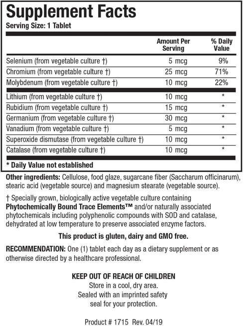 Biotics Research Basic Nine Whole Food Sourced Rare Trace Minerals, Phytochemically Bound, includes Antioxidants SOD and Catalase. 100 Tabs
