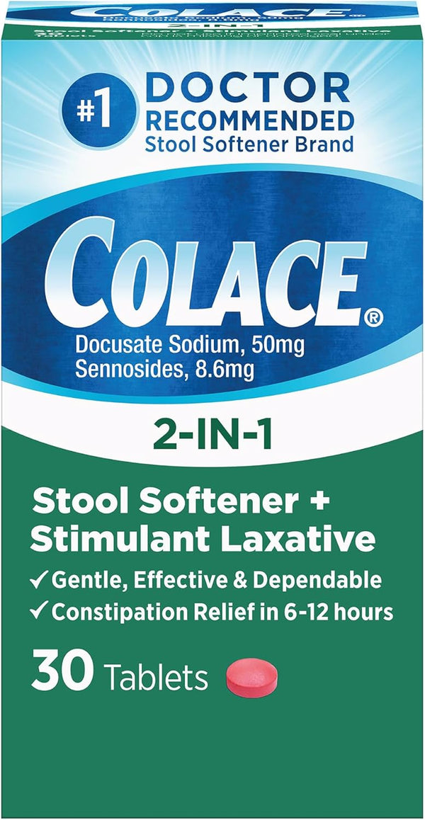 Colace 2-In-1 Stool Softener & Stimulant Laxative Tablets, 30 Count for Gentle Constipation Relief