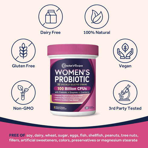 Doctor's Recipes Probiotics for Women, 100 Billion CFU 32 Strains with Prebiotic Fiber, Enzymes & Cranberry for Vaginal