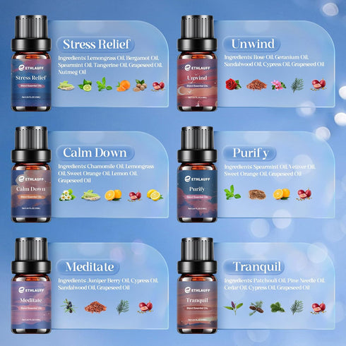 Set, 6x10ml Relax Eessential Oils Diffuser Oil for Home, Humidifiers, Candle Making, Aromatherapy - Stress Relief, Calm
