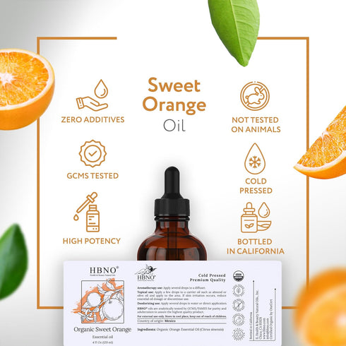 HBNO Organic Orange Essential Oil - Huge 4 oz (120ml) Value Size, USDA Certified Organic for Aromatherapy