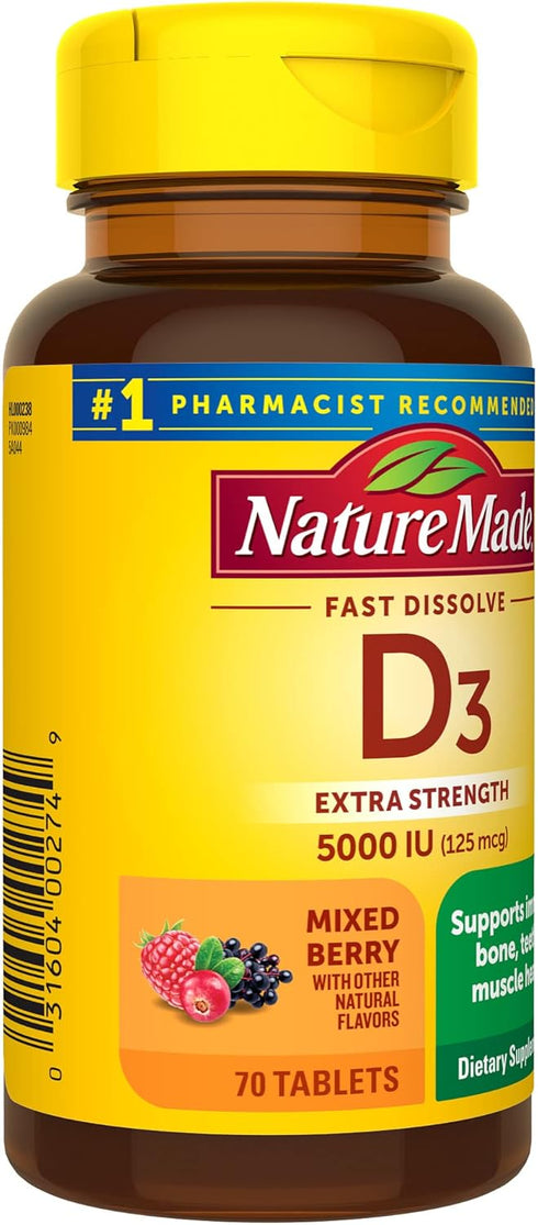 Nature Made Extra Strength Vitamin D3 5000 IU - 70 Sugar Free Fast Dissolve Tablets for Immune Health