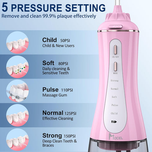 MOCEL Cordless Water Dental Flosser, 5 Modes Oral Irrigator with USB C Rechargeable, IPX7 Waterproof (Pink)