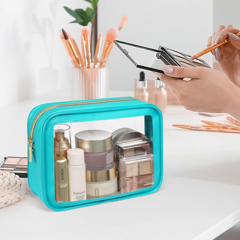 PACKISM TSA Approved Clear Makeup Bag - 3 Pack Upgrade Color-Edged Toiletry Bag for Various Storage Needs (Turquoise)