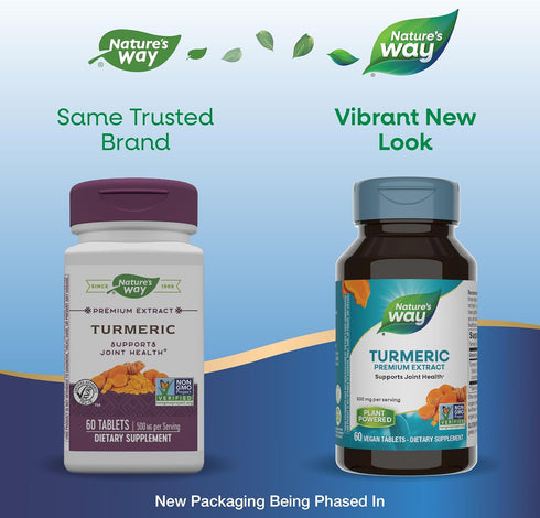 Nature's Way Turmeric, Premium Extract, Supports Joint Health*, Standardized to 95% Curcuminoids, 500 mg per Serving, Non-GMO Project Verified, 60 Tablets (Packaging May Vary)