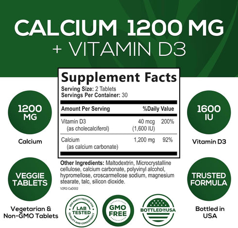 Calcium 1200 mg with Vitamin D3, Calcium Supplement Vitamins, Supports Bone Strength, Teeth & Immune System, Calcium Supplements for Women & Men, Nature's Absorbable Calcium Carbonate - 60 Tablets