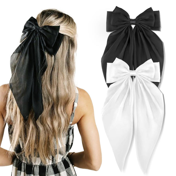 2 Pcs Silky Satin Big Hair Bows, Ribbon Hair Barrettes Clip, Oversized Long Tail Hair Accessories (Black and White)
