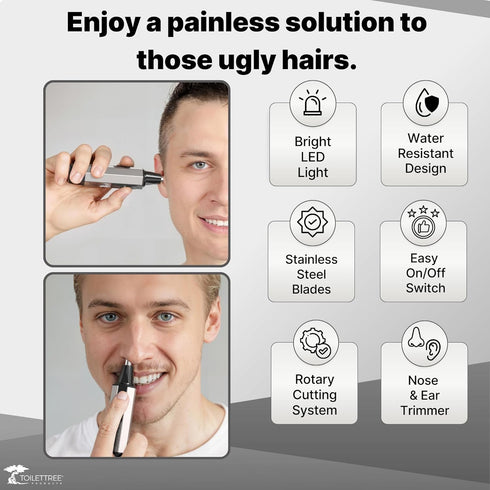 ToiletTree Products Men's Grooming Trimmer - Stainless Steel Nose & Ear Hair Trimmer with LED Light - Heavy-Duty Casing