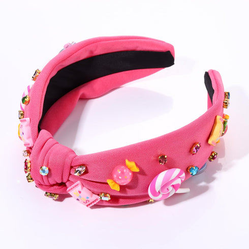Knotted Headband for Women - Lollipop Candy Charms Crystal Jeweled Top Knot Hairband, Funny Gifts for Girls