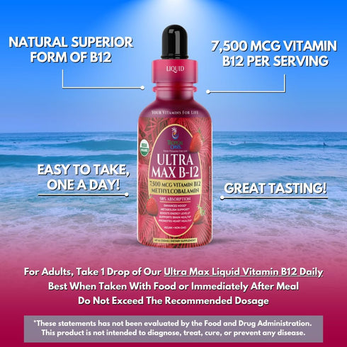 USDA Organic Ultra Max B12 | Superdose 7500mcg Vitamin B12 Liquid Drops as Methylcobalamin | 4oz