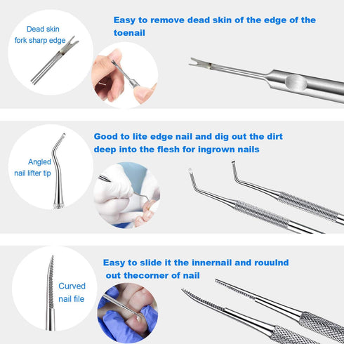 jindian Ingrown Toenail Pedicure Tool Kit, Stainless Steel Nail Care, Nail File and Lifter Pusher (6PCS)