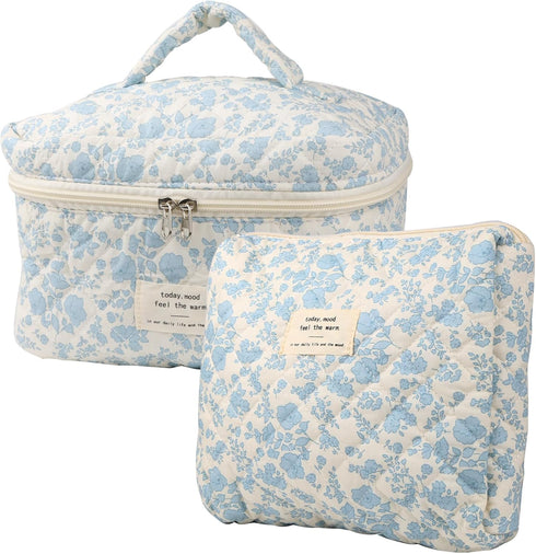 Cute Makeup Bag for Women, 2 Pcs Travel Cosmetic Bags, Quilted Aesthetic Floral Organizer (Navy Blue Flower)