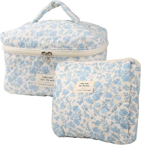 Cute Makeup Bag for Women, 2 Pcs Travel Cosmetic Bags, Quilted Aesthetic Floral Organizer (Navy Blue Flower)