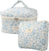 Cute Makeup Bag for Women, 2 Pcs Travel Cosmetic Bags, Quilted Aesthetic Floral Organizer (Navy Blue Flower)