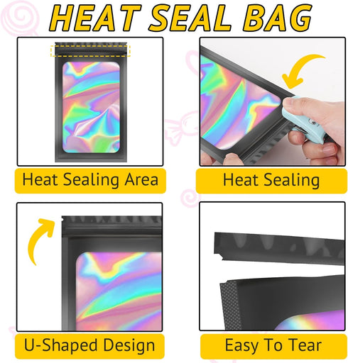 100 PCS Smell Proof Bag - Holographic Packaging Bags for Small Business, Resealable for Food Storage