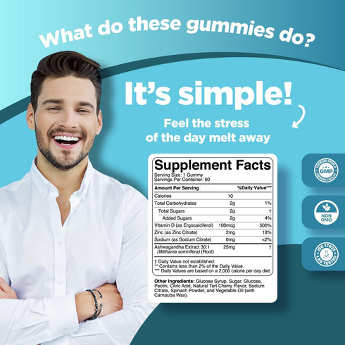 Calming Ashwagandha Gummies for Adults - 750mg Equivalent from 30:1 Root Extract with Zinc & Vitamin D (60 Servings)