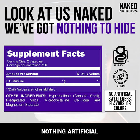 Naked L-Glutamine Muscle Recovery Capsules, 1000mg, 240 Count | Made in The USA, Non-GMO, Gluten and Soy Free