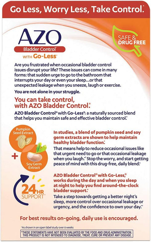 AZO Bladder Control with Go-Less - 54 Count Daily Supplement for Occasional Urgency & Leakage Support