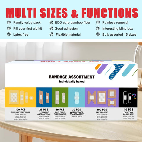 Pack,328ct Dodanros Variety Bandages Assorted Bulk Various Sizes, Shapes &Features | Sheer & Flex Fabric