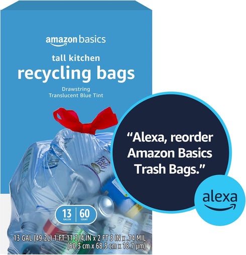 Amazon Basics Blue Unscented Recycling Trash Bags, 13 Gallon, 60 Count, Pack of 1