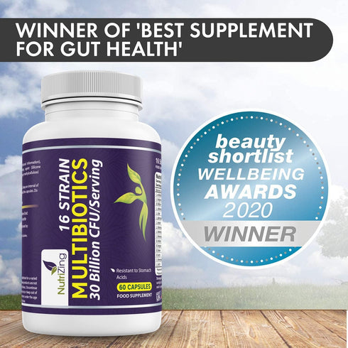 NutriZing Vegan Probiotics for Digestive Health - 30 Billion CFU & 16 Strains, Delayed Release Supplement for Men &