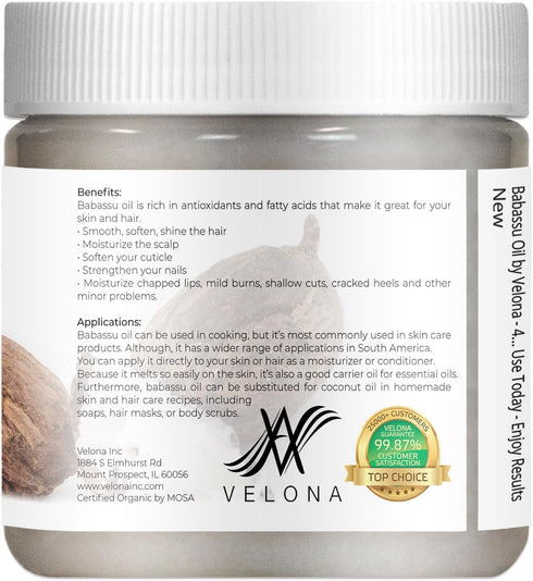 velona Babassu Oil, USDA Certified Organic - 4 Fl Oz, 100% Pure Carrier Oil for Face, Hair, Body & Skin Care