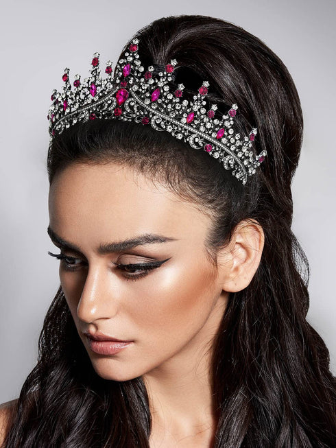 SWEETV Hot Pink Rhinestone Crystal Tiara Crown for Women, Antique Silver Metal Headband for Prom Birthday