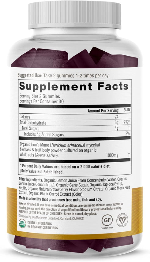 Om Mushroom Superfood Lion's Mane Gummies - USA Grown Organic Mushrooms for Memory, Focus & Mood Support