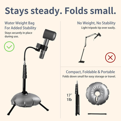 Hugabow 360 20-65 Inch Hair Dryer Stand - Rotating Universal Holder, Adjustable, Hands Free for Pain Relief