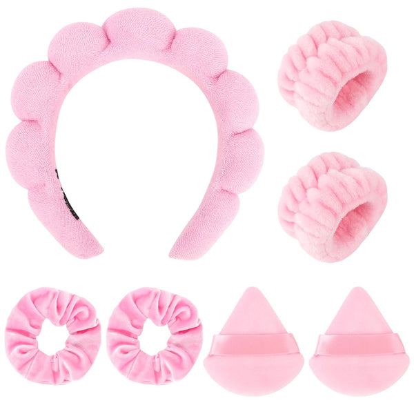 7Pcs Puffy Spa Headband and Wristband Set, Skincare Headband for Washing Face, Makeup Removal Accessories (Pink)