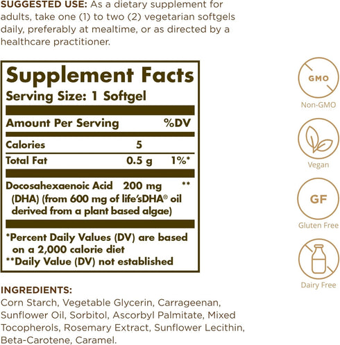 Solgar Vegetarian DHA 200 mg, 50 Vegetarian Softgels, Naturally Sourced Omega-3, Vegan