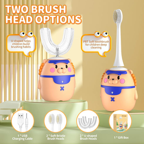 RexCodar Kids Electric Toothbrushes, U Shaped Ultrasonic Rechargeable Toothbrush with 4 Brush Heads, IPX7