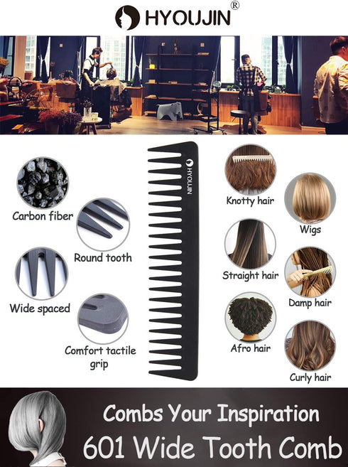 HYOUJIN 601 Black Carbon Wide Tooth Detangling Comb for Long Wet Hair, Heat Resistant